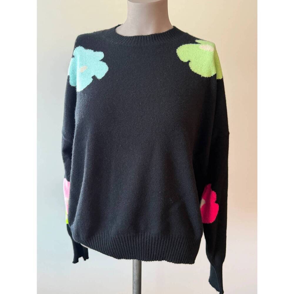 NEW BRODIE CASHMERE women's funky crew sweater in black/floral